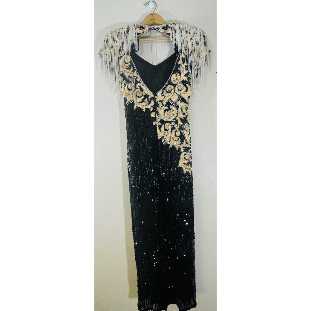 Gatsby Art Deco 80s Glam Black Gold Sequin Fringe Silk Gown Nite Line SZ 6 - Picture 5 of 10